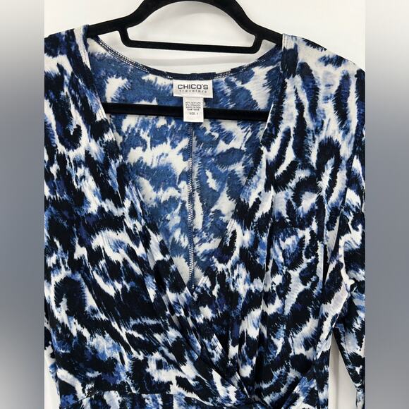 Chico’s Travelers Printed Faux Wrap Midi Dress 3/4 Sleeve V Neck Blue Medium - Picture 10 of 12